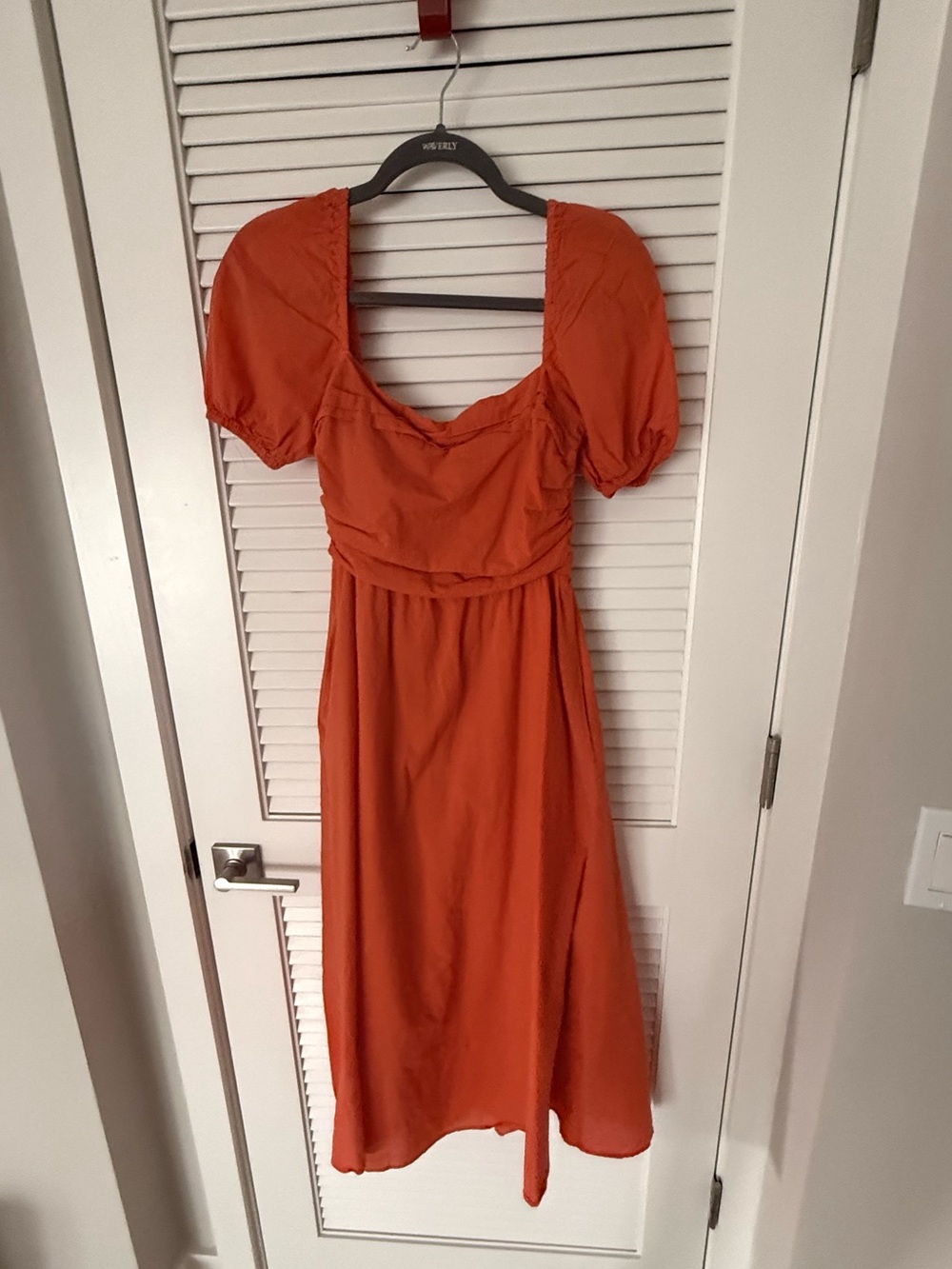 S House of Harlow 1960 Rust-Orange Puff Sleeve Midi Dress